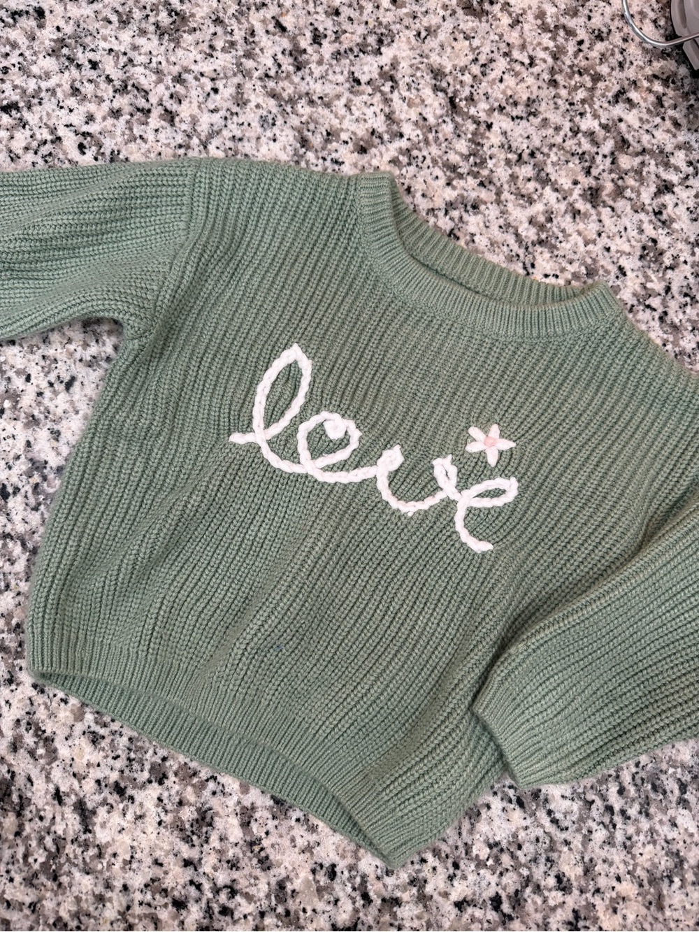 Soft Knit 'Love' Crewneck Sweater in Sage Green